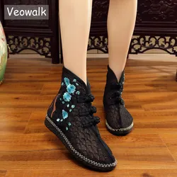 Veowalk Summer Spring Women Lace Fabric Short Boots, Breathable Cotton Embroidered Ankle Booties for Ladies Vintage Flat Shoes