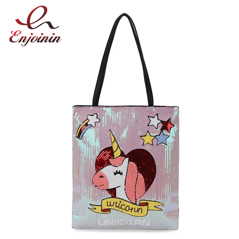 

Fashion Unicorn Star Pattern Sequins Pu Leather Girl's Shoulder Bag Tote Bag Casual Shopping Bag Female Bolsa Women's Handbag