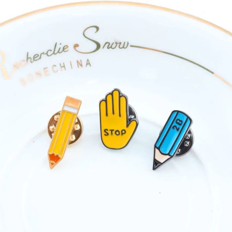 Cartoon Pencil Stop Sign Hand Brooch Lapel Enamel Pin Jeans Jackets Collar Decoration Pins Colorful Badge Jewelry Students Gifts