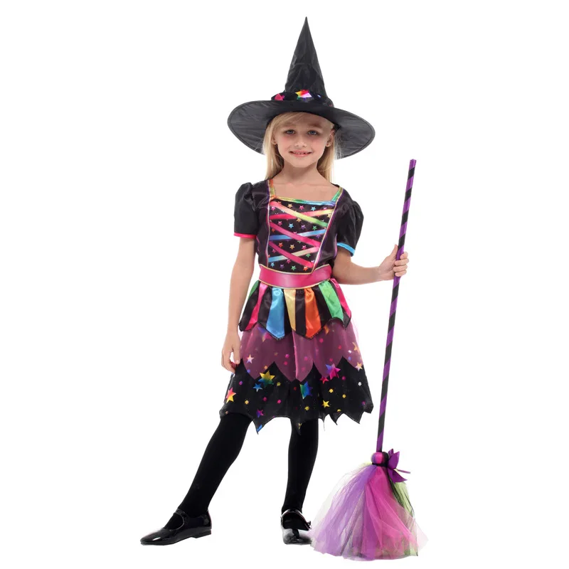 Kinderen Meisjes Regenboog Heks Jurk Kostuum met Hoed Nieuwjaar Kerstmis Carnaval Halloween Kinderen Goochelaar Tovenaar Cosplay Kleding