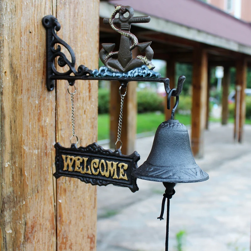 Cast Iron Anchor Hand Cranking Wall Bell With Hanging Welcome Signs Plaques Double-sided Home Garden Decor Welcome Door Bell