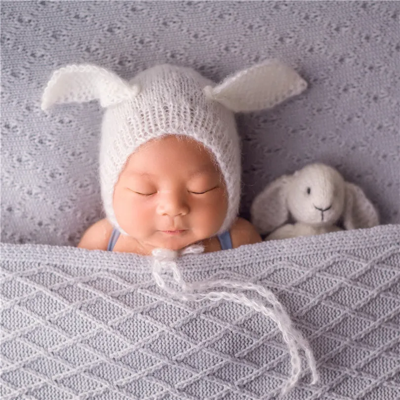 

Fluffy Newborn Bunny Bonnet Stuffed Animal Set For Photography Shoot Crochet Fuzzy Baby Girl Bunny Hat and Toy Set Photo Props