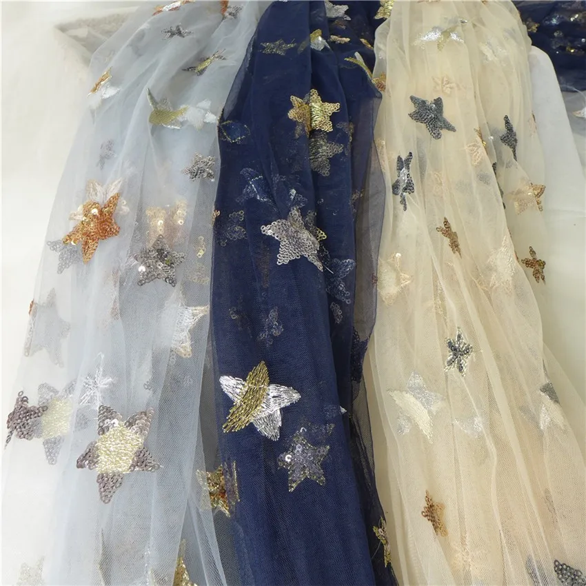 1 Yards New Fashion Sequin Star Embroidery Print Lace Tulle Fabric For Bridal Gown Dress 91*150cm