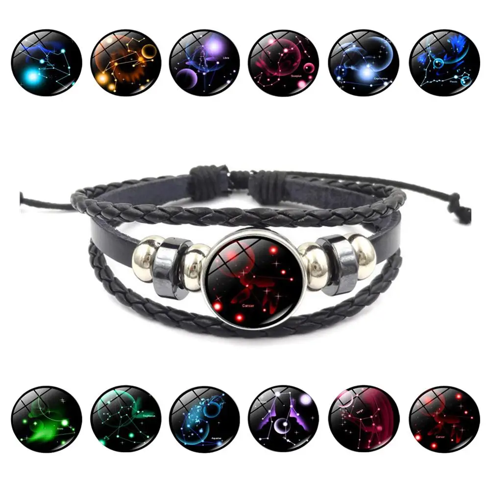 Pulseras de cuero hechas a mano de constelación Punk 12 para mujer, brazalete con dijes multicapa del zodiaco 12, joyería