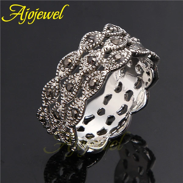 Ajojewel 3 Layer Rhinestone Ring Black Women Band Jewelry Vintage Items Collection Bague Bijouterie