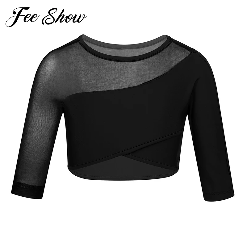 

Kids Girls 3/4 Sleeves Stretchy Asymmetrical Tops Ballet Gymnastics Crop Tops Stage Performance Sports Children Dance Crop Top