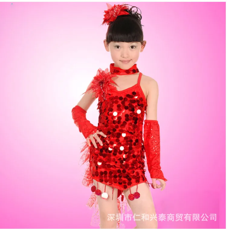 Hot sales fashion nieuwe meisje rose lovertjes latijns-dancewear kid dansen dress kostuum 4 kleur 100-160 cm meisje