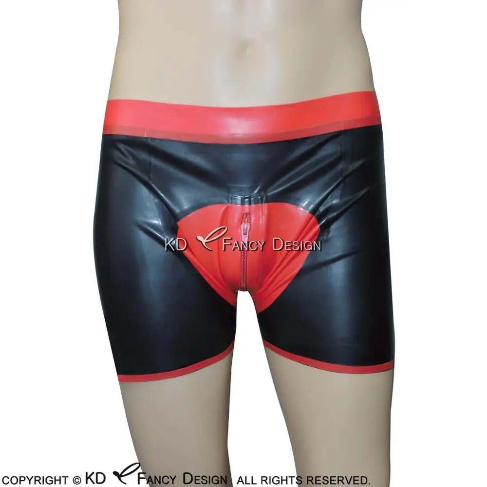 Black And Red Pouch Sexy Latex Boxer Shorts Underwear With Front Zipper Rubber Boyshorts Bottoms Pants DK-0091