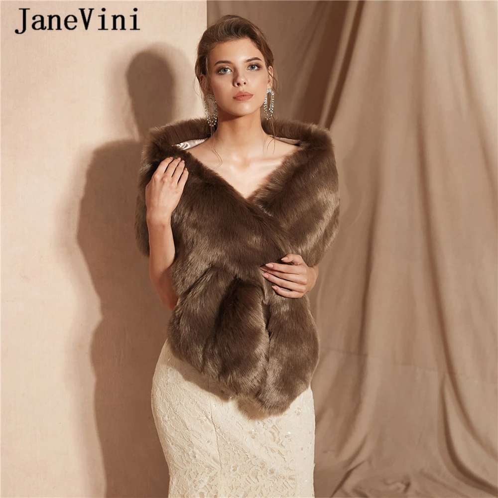 

JaneVini New Fashion Winter Faux Fur Wraps Bridal Bolero Cloak Female Shawls Evening Cape Mariage Warm Short Wedding Accessories