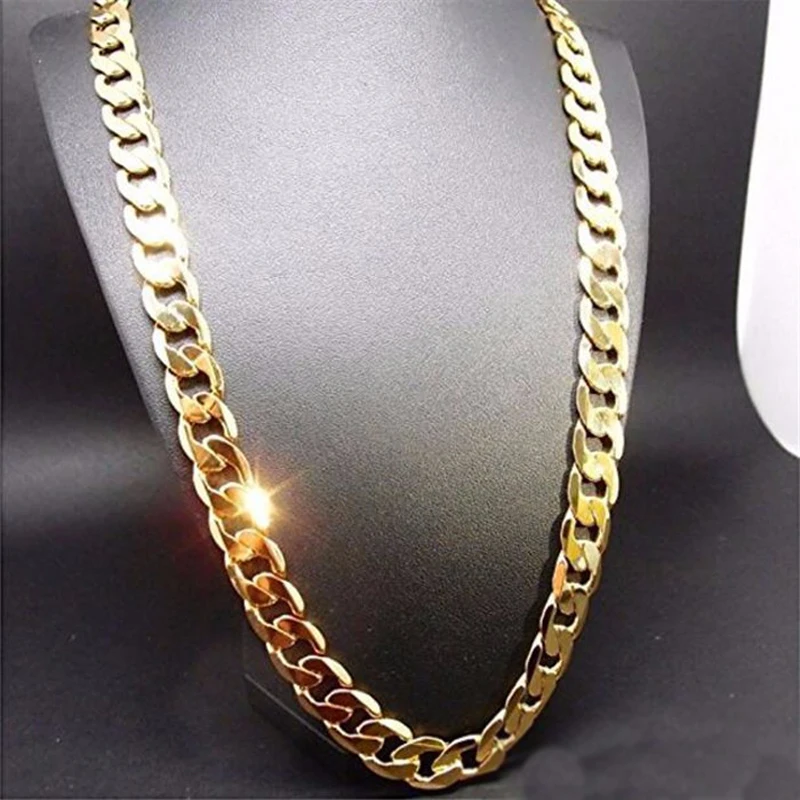 Pure Gold Color Men\'s Cuban Chain Necklace Jewelry,Plated 24k Gold 10mm Heavry Link Chain Necklace for Men 55/60/65/70CM Long