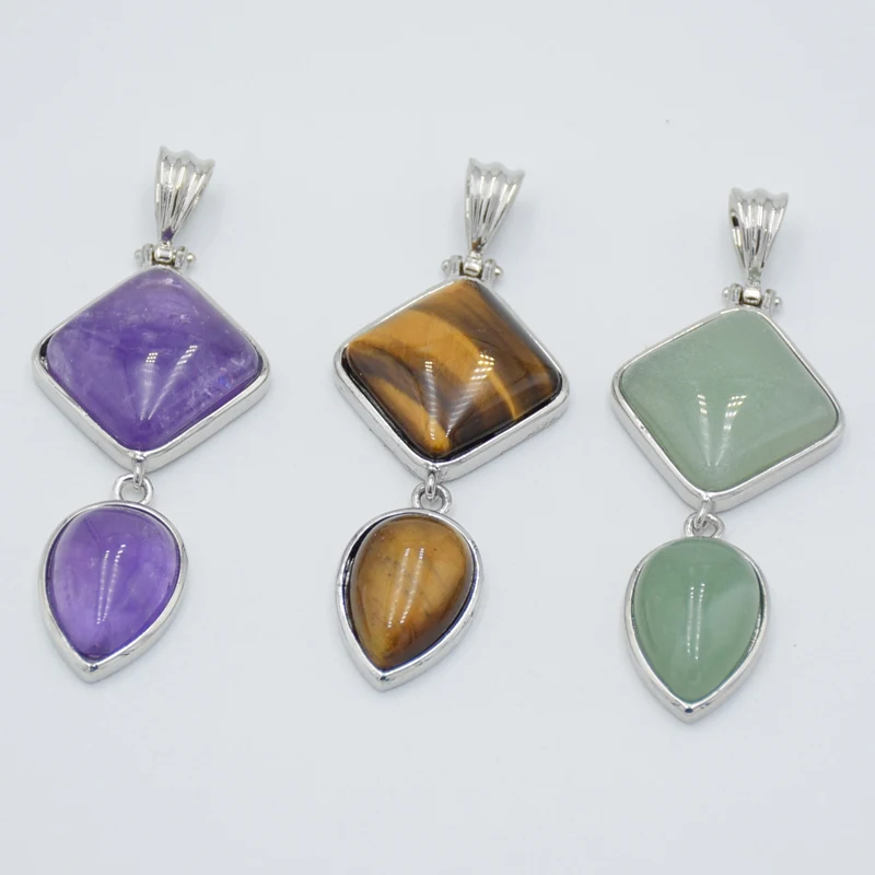Women Fashion Jewelry Water Drop Rhombus Pendant for Necklace Natural Amethysts Tiger Eye Stone Pendants