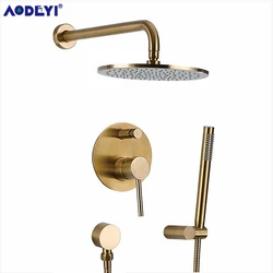 Brushed Gold Solid Brass Bathroom Shower Set Rianfall Head Bath Faucet Wall Mounted Ceiling Arm Mixer Water System Panel Black