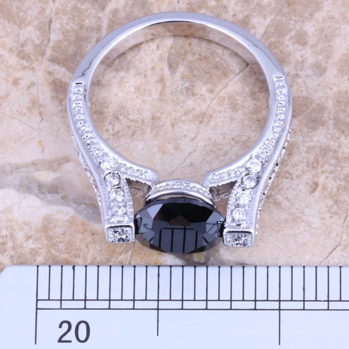 Majestic Black Cubic Zirconia White CZ Silver Plated  Women's Jewelry Ring Size 6 / 7 / 8 / 9 R1445