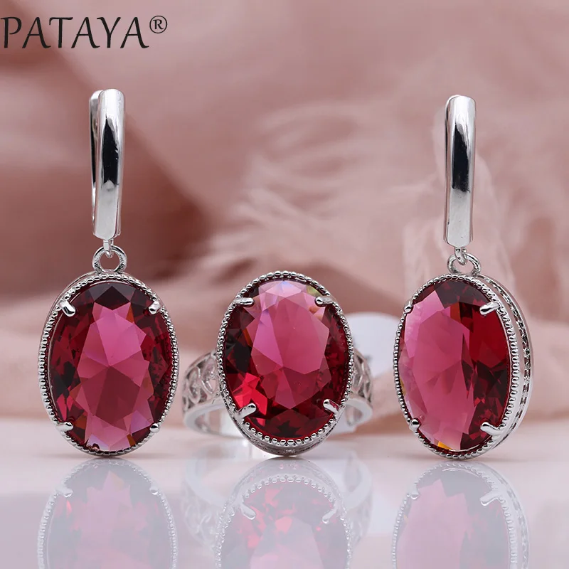 PATAYA New Women Wedding Party Noble Hollow Jewelry Sets White Gold Oval AB Color Natural Zircon Fine Dangle Earrings Rings Set