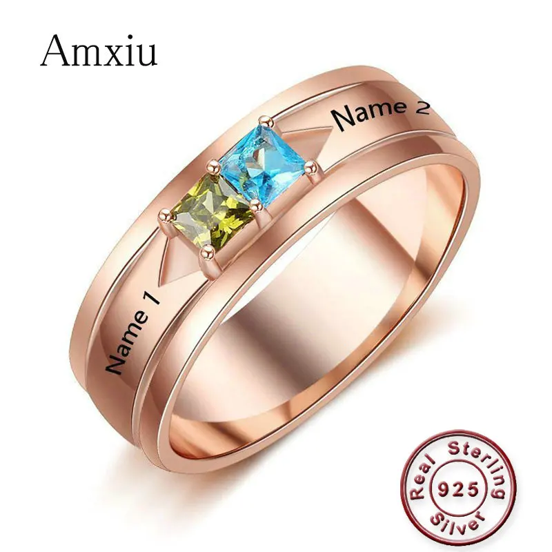 Amxiu Personalized Wedding Rings Custom Name Ring with Birthstones 925 Sterling Silver Jewelry For Women Girls Accessories Anel