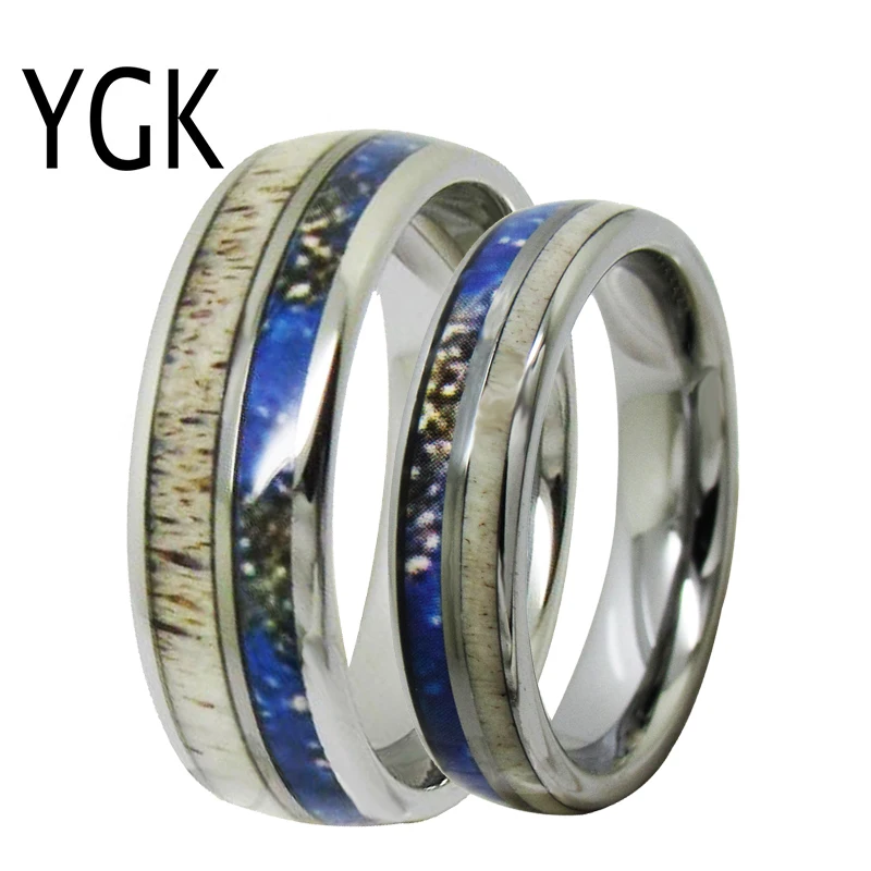 YGK Jewelry Love Forever Ring Deer Antler Inlay Silver Dome Tungsten Ring Tungsten Wedding Ring For Men & Women Bridegroom Ring