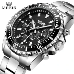 MEGIR-Montre à quartz entièrement en acier pour homme, chronographe d'affaires, montres-bracelets étanches, sport militaire, luxe