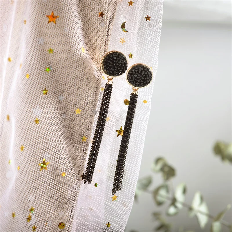 Women Golden Alloy Black Round Long Tassel Eardrops Simple Dangle Drop Earrings