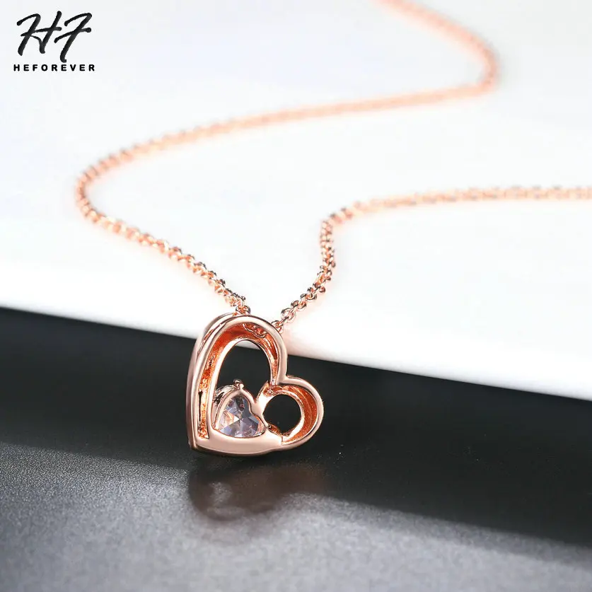 Romantic Lovely Heart Wedding Pendant Necklaces for Women Rose Gold Color AAA+CZ Fashion Jewelry Xmas Gift N056