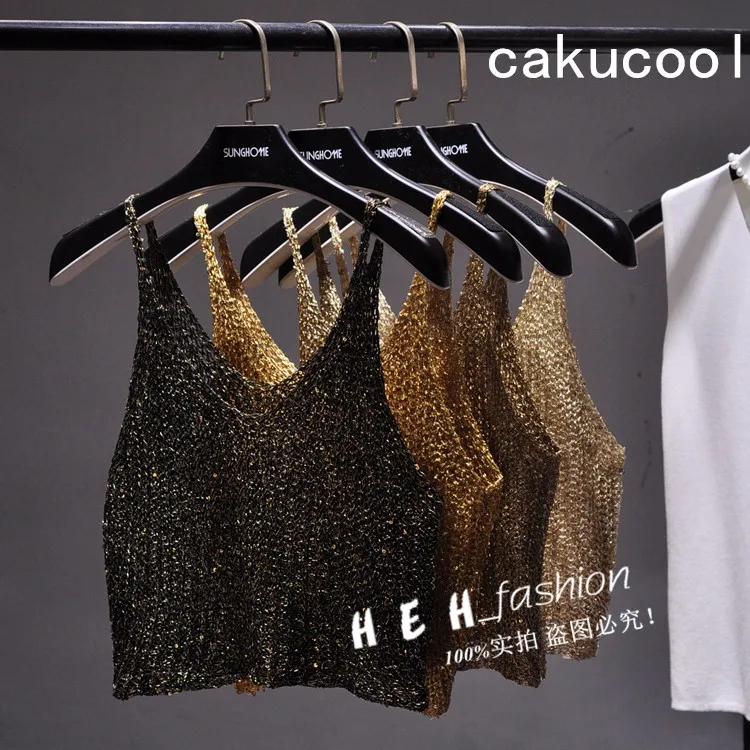 

Cakucool Women Sequined Bling Crop Top Hollow Out Sexy Knit Sleeveless t Shirt Backless Club Gold Lurex Tank Tops Camisole Femme