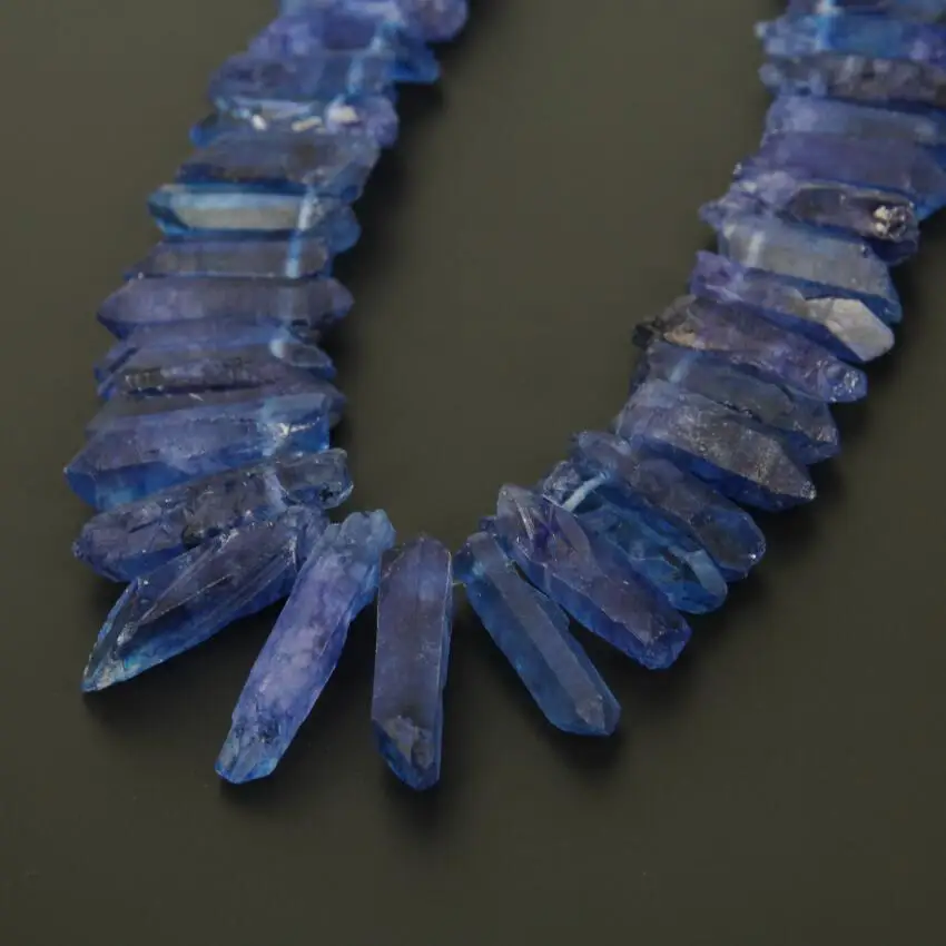 Rough Lapis Blue Color Quartz Crystal Top Drilled Tusk Spike Beads Necklace Strand,Natural Stones Stick Points Jewery