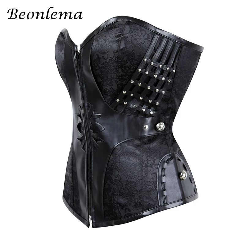 Beonlema Gothic Women Corset Sexy Bustiers Steampunk Faux Leather Corsets Lacing Up Black Red Goth Clothing With Zipper