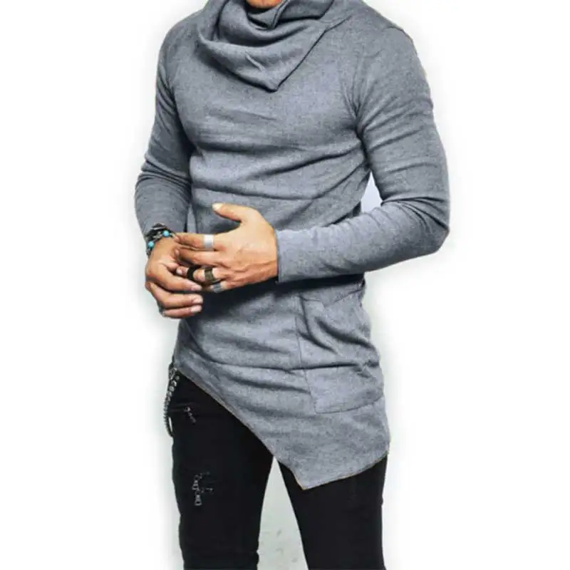 Gorąca wyprzedaż Moda Streetwear Turtle neck Street T shirt Men Hip Hop Long Sleeve Asymmetry Thin Designed Men's T-Shirt MY062