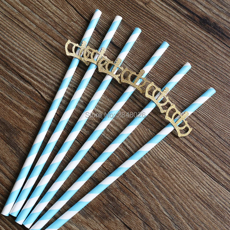 Gold CROWN on Light Blue Paper Straws. High Quality Paper Straws.Little Prince Birthday Party, Baby Shower, Party Decor.