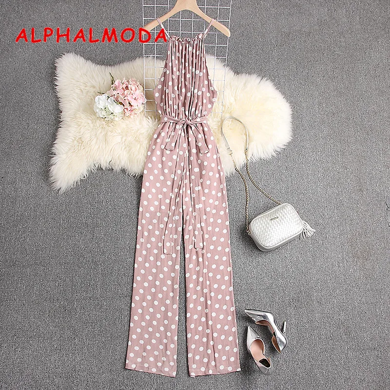 

ALPHALMODA 2019 Summer Polka Dot Sleeveless Jumpsuits Women Casual Loose Maxi Rompers Comfortable Salopette Femme