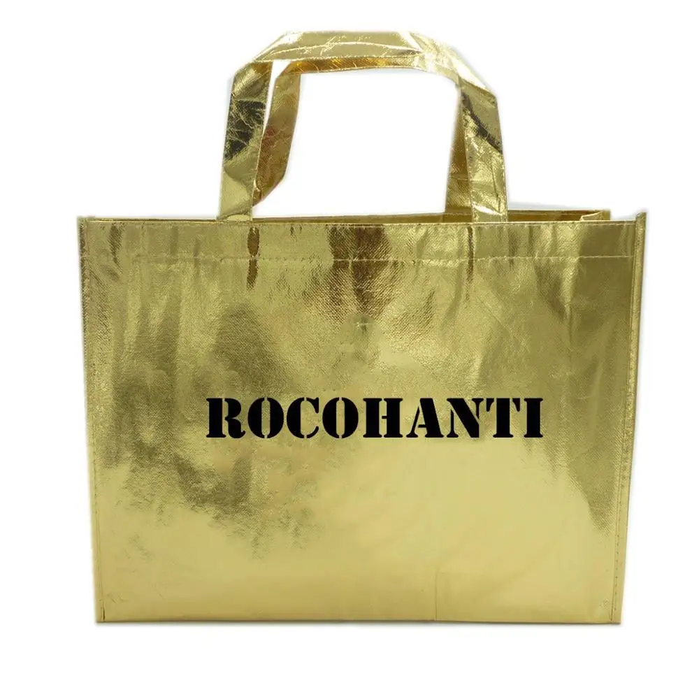 50x LOGO personalizzato stampato argento metallizzato oro Shinny Tote Bag in tessuto grandi sacchetti regalo per la spesa in tessuto Non tessuto per