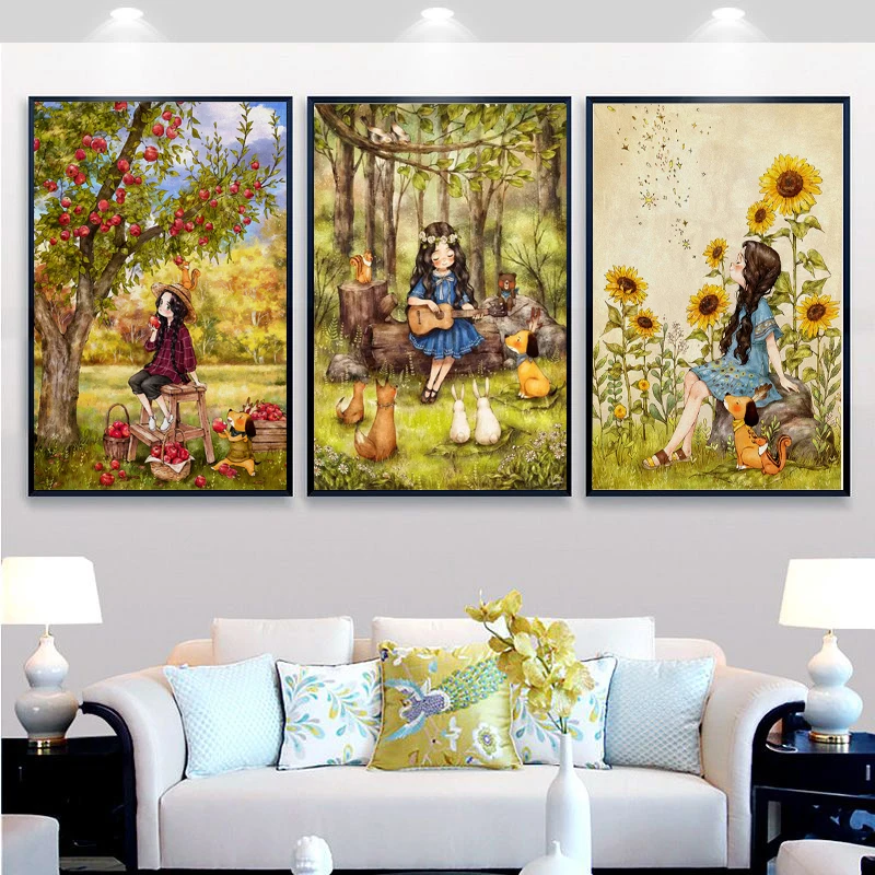 New Needlework,DMC Color Full Embroidery kit,cartoon Apple Sunflower Guitar angel girls Painted Pattern cross stitch Wall Decor