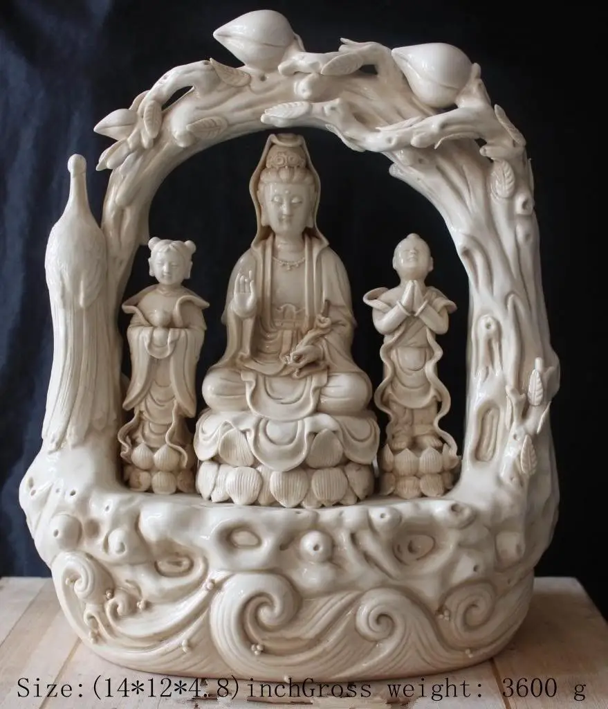 Dehua white porcelain goddess guanyin bodhisattva boys and girls, the peacock