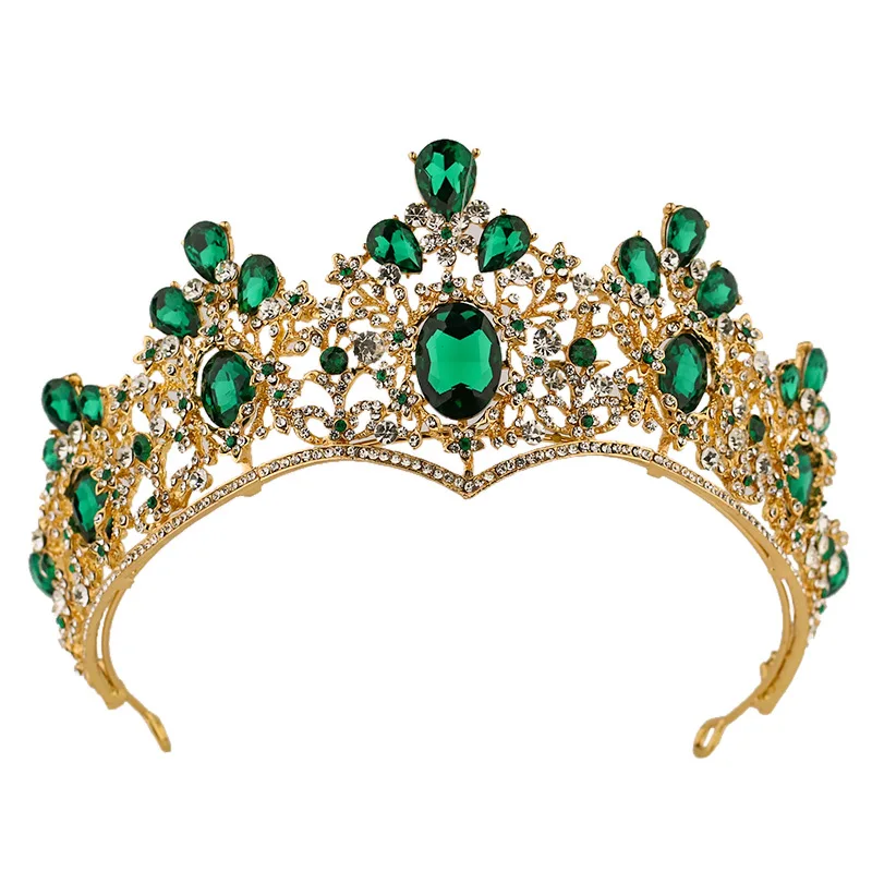 

European Baroque Retro Wedding Crown Hairband Green Crystal Rhinestone Bridal Quinceanera Pageant Tiaras Crowns Hair Accessories