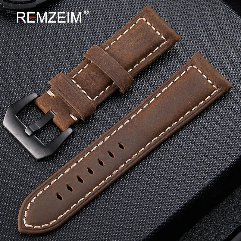 Watchbands 20 22 24 26mm Genuine Leather Dark Brown Black Man Women Handmade Vintage Scrub Wrist Watch Band Strap Metal Buckle