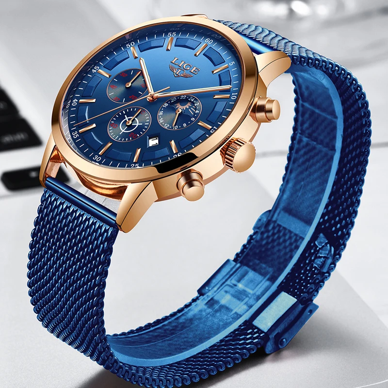 LIGE Top Brand Luxury New Fashion Simple Watch for Men Blue Dial Watch Mesh Belt Sport Waterproof Watches Moon Phase Wrist Watch