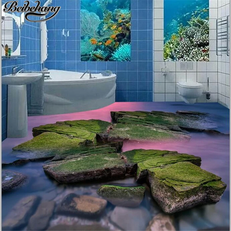 

beibehang Custom floor 3d beautiful river stone moss bathroom 3D floor living room shopping mall hotel self-adhesive flooring