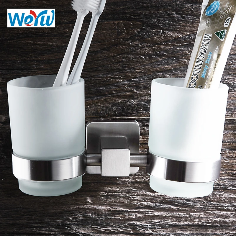 WEYUU  Toothbrush Toothpaste Cup Holders SUS304 Stainless Steel Glass Tumbler Wall Mounted  Bathroom Accessories Wire drawing