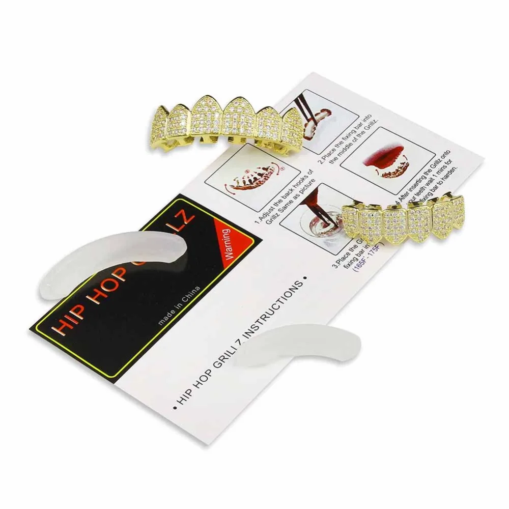 TOPGRILLZ Hip Hop Grillz Teeth Caps Gold Color Plated Luxury Micro Pave CZ Stones Top & Bottom Teeth Grills Set For Halloween