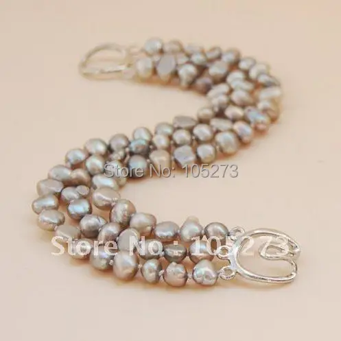 7-8MM Potato Freshwater Light Gray Pearl 3Rows Toggle Bracelet 7.5\'inchs Fashion Pearl Bracelet Wholesale FN2269