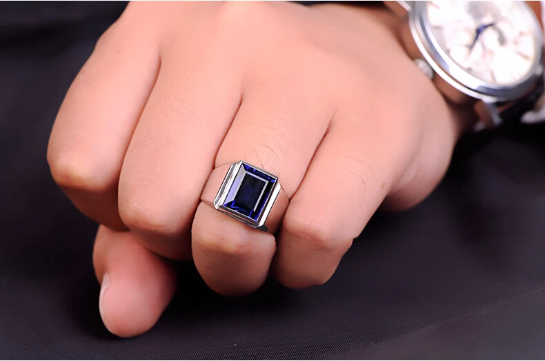 Handmade male ring 925 Sterling silver Big 8ct Blue AAAAA Zircon cz Statement Wedding Band Rings for men Finger Party Jewelry