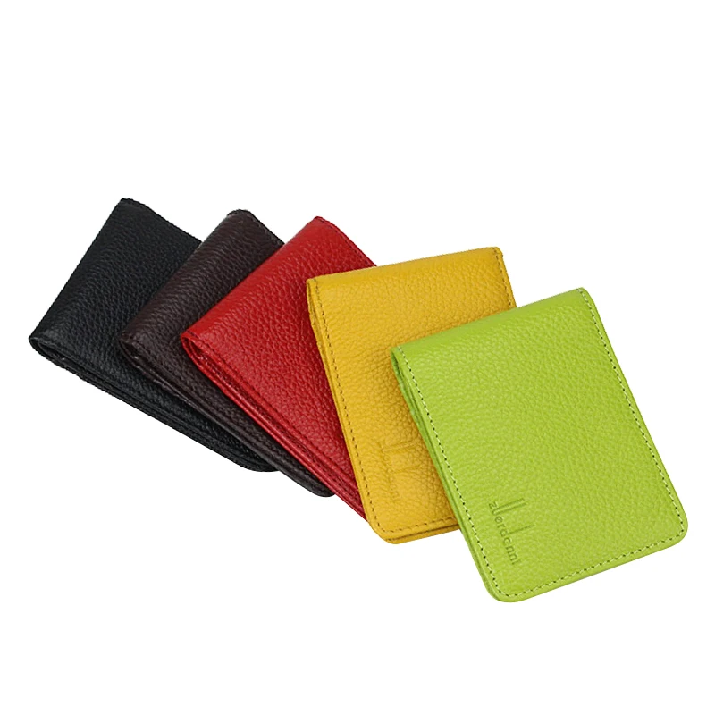 Tarjetero de cuero genuino para hombre y mujer, bolsa para tarjetas de identificación de alta calidad, 3 pliegues con 4 ventanas, A229