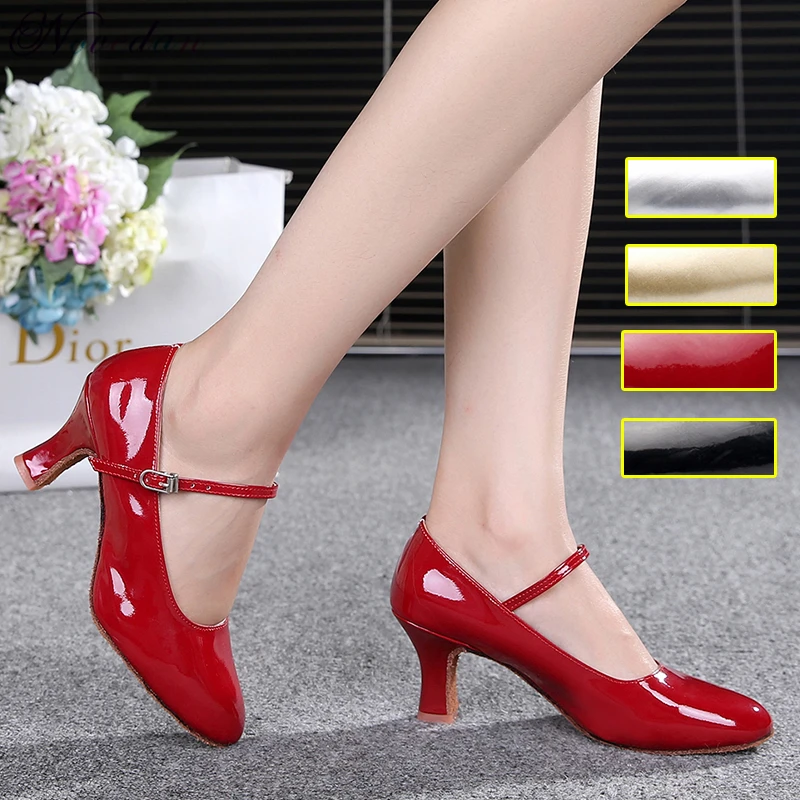 Sapatos de salto feminino, sapatos de couro patenteado brilhantes de dedo fechado para salão de salão, preto, dourado, vermelho, baile de tango, para mulheres de 5cm/7cm