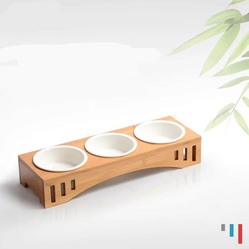 Dog Bowl Bamboo Holder Cat Feeder Ceramic Dog Double Bowls Stainless Steel Puppy Feeder Detachable Pet Bowl