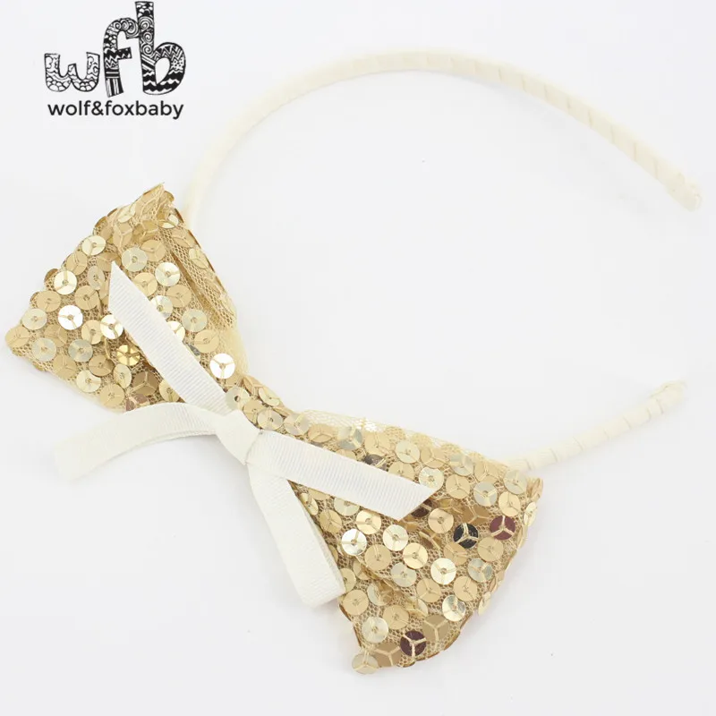 Retail Kids children Cute golden background white silk ribbon Bowknot paillette Hair Accessaries hair clasp hairwear new 2014