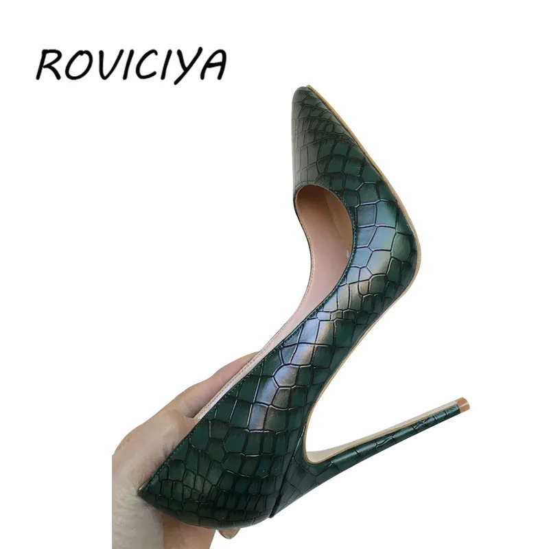 Dark Green PU Leather Women's Shoes 12cm High Heel Sexy Pumps Women Shoes plus size 34-45 YG002 ROVICIYA