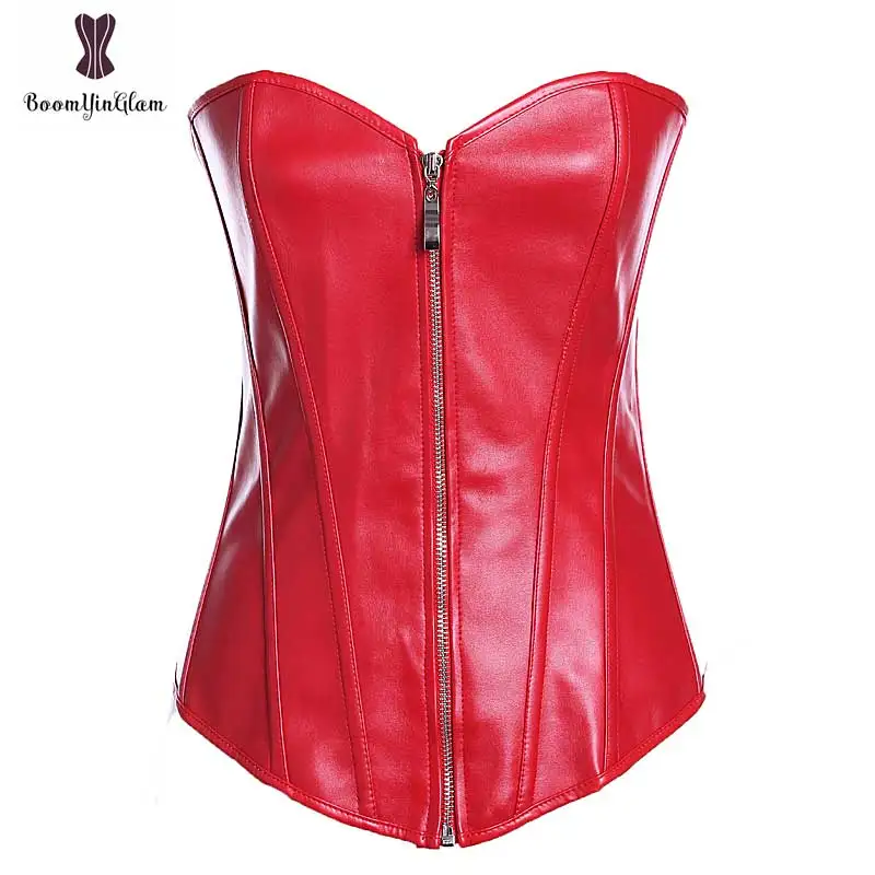 Black Leather Front Zipper Corset Red Color Optional Plus Size Overbust Hot Sexy Lingries Party Club Wear Corsets Busiters