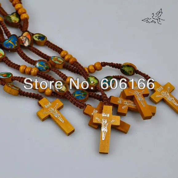 48pcs/lot Light Brown Wooden Rosary Beads Necklace Jesus Cross Pendant Necklaces Wood Catholic Religious Jewelry