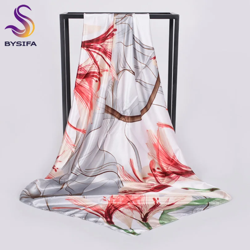 [BYSIFA] Scarf Hijab 2019 New Ladies Grey Red Square Scarves Wraps Fashion Floral Design Satin Silk Scarf Shawl Pink Blue 90*90