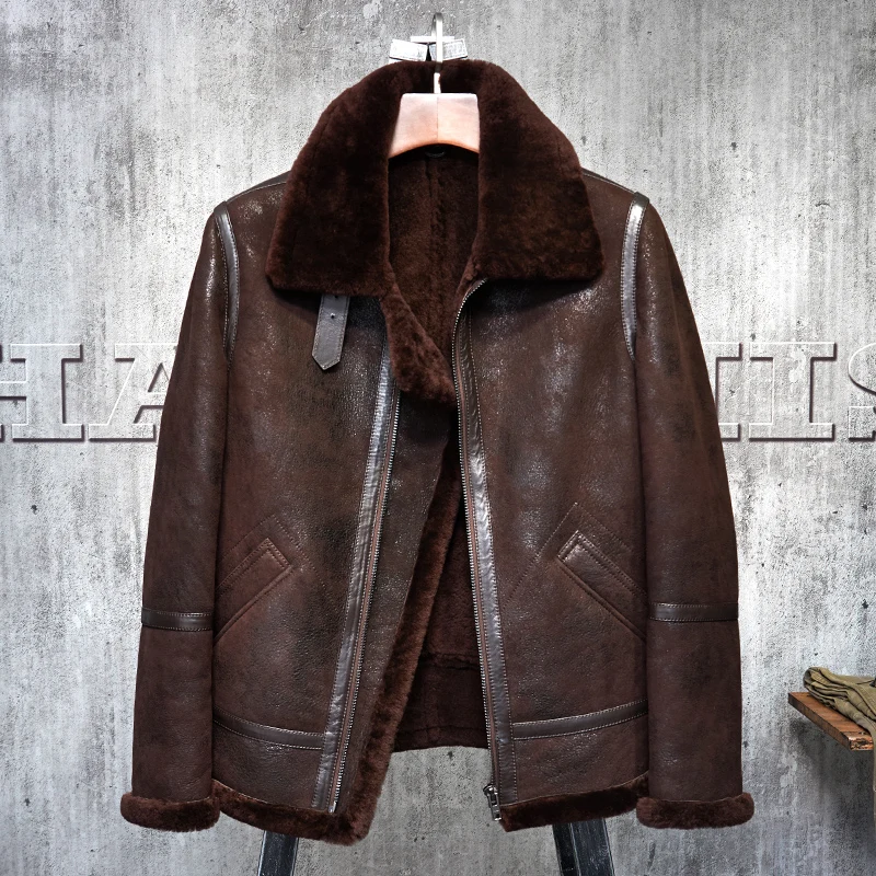 Denny&Dora Improved Bomber Mens Shearling Military Style American Pilot's Leather Clothing Red Brown B3 Sheepskin Jackets