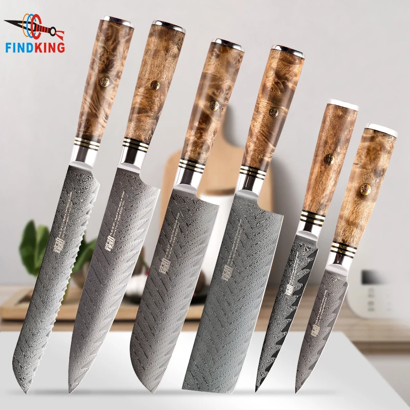 FINDKING 2-6 PCS knives set AUS-10 Damascus Steel Sapele Wood Handle Arrow Damascus Knife Set 67 layers Chef kitchen Knife